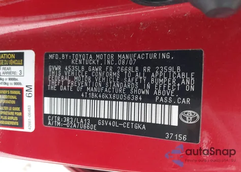 2008 Toyota Camry Xle V6 from USA, damaged, VIN 4T1BK46KX8U056384